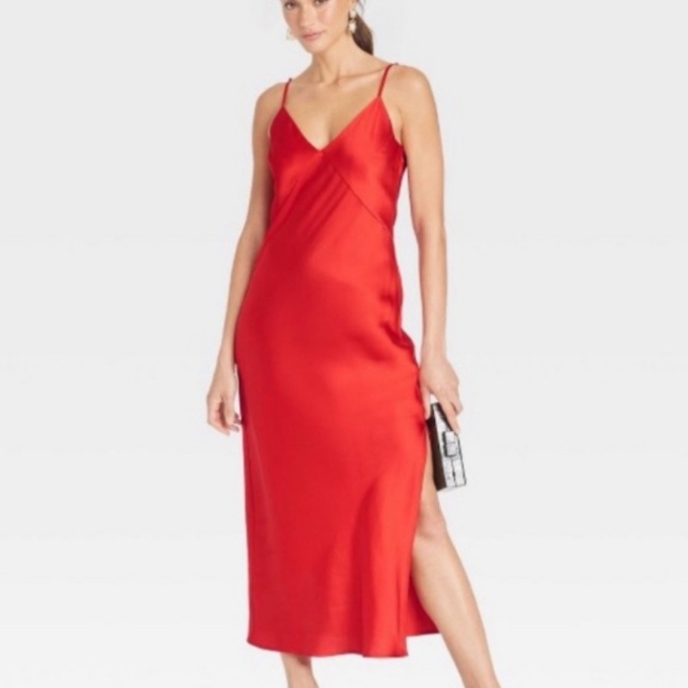 A New Day Red Satin Slip Midi Dress V-Neck Adjustable Straps Side‎ Slit Small